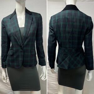 Talbots Women’s 4 Navy Green Plaid Tartan Black Velvet Trim Blazer Jacket